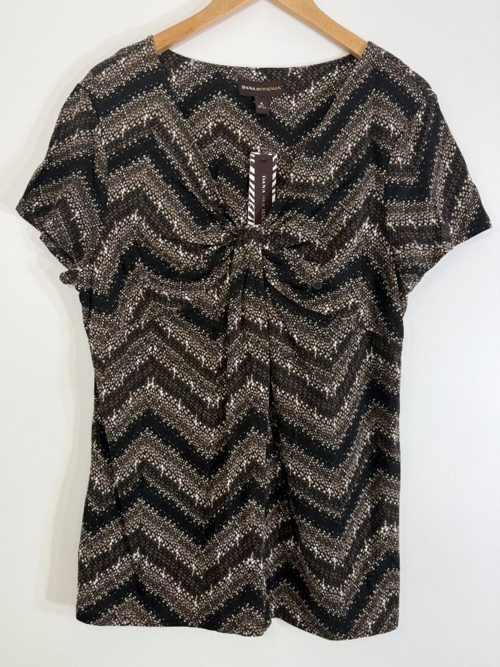 New! Dana Buchman Blouse XL Chevron Black Brown Knot V-Neck Top Pullover